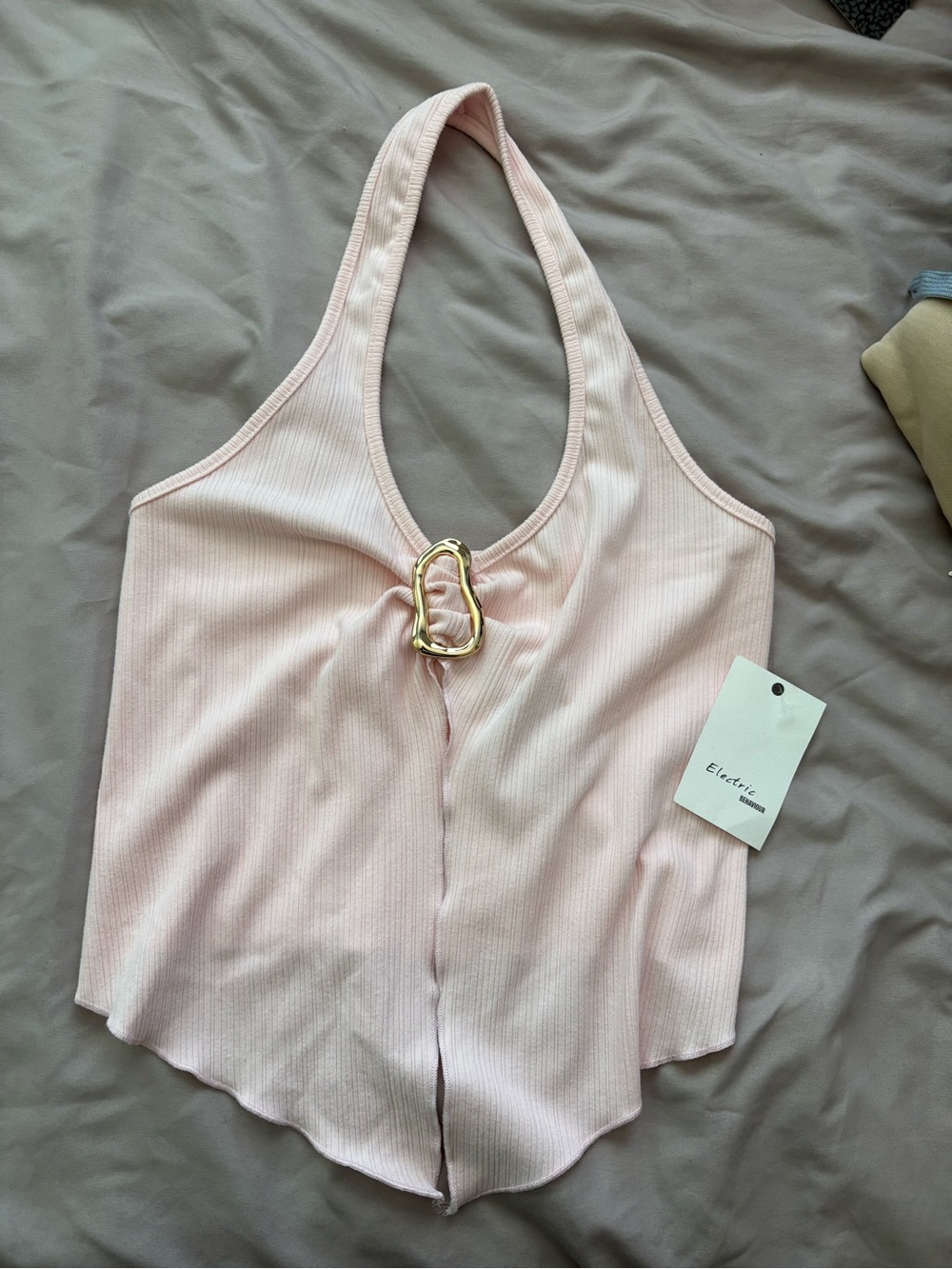 Electric Family Pale Pink Ribbed Halter Crop Top with Gold Accent